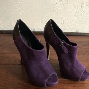 Purple. Suede, open toed bootie.